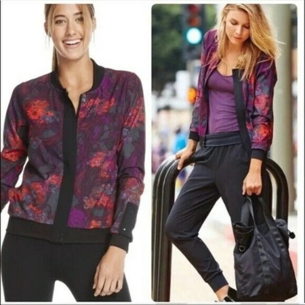 Fabletics Floral Paisley Bomber Jacket Purple Red Grey L lightweight